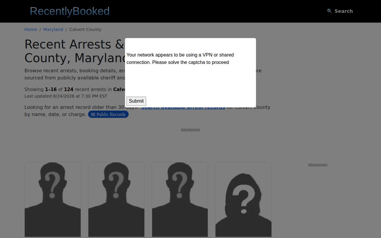 Calvert County arrest news on unofficial RecentlyBooked index