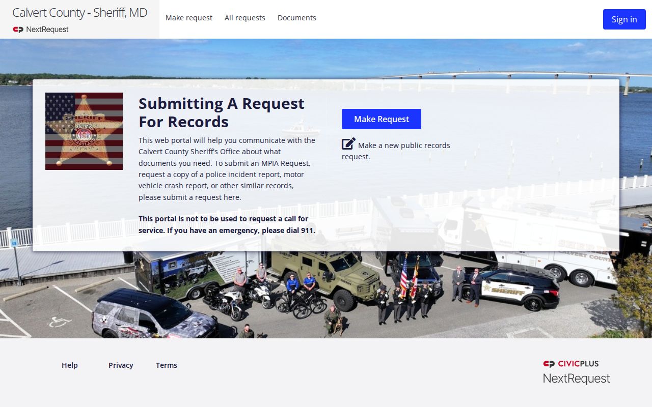 Calvert County booking record request portal